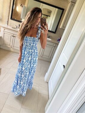 Blue & White Mediterranean Printed Tie-Shoulder Maxi Dress